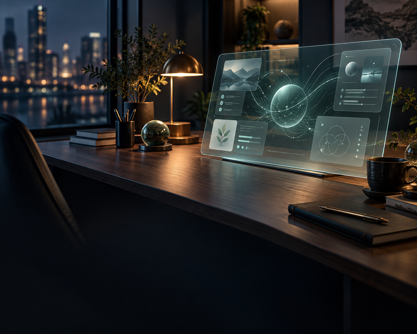 A quiet future workspace with a translucent luminous interface on a wooden desk